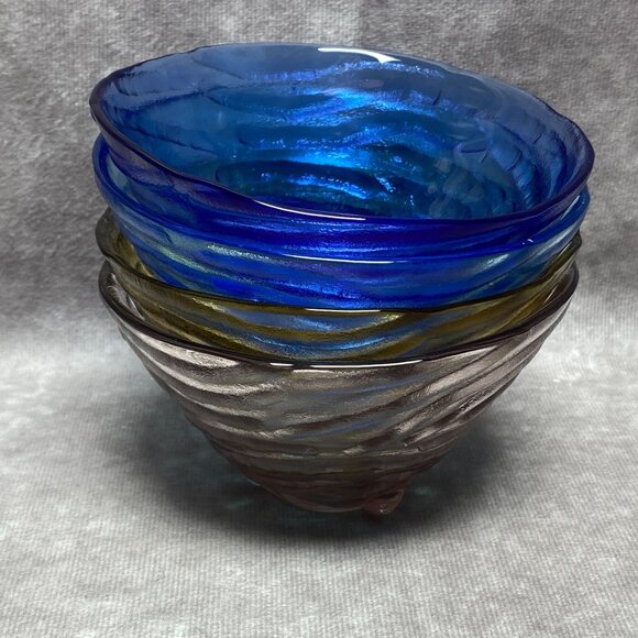 4 MYCO Swirl Textured Footed Glass Bowls Multicolored For Snacks Candy Or Nuts - Picture 2 of 8